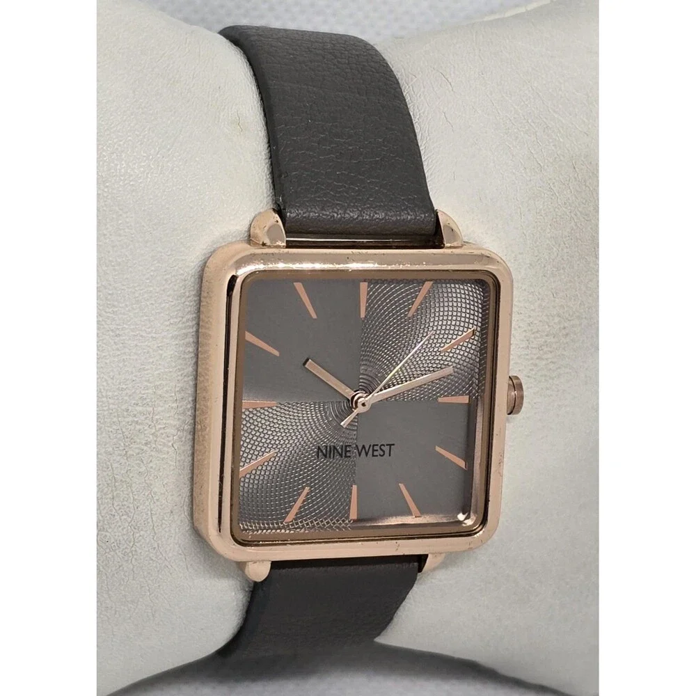 Women's Nine West Casual Square Rose Gold Tone Case Gray Leather Strap Watch 13 - Picture 3 of 9